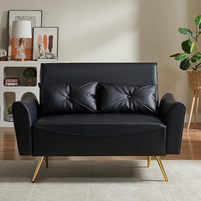 Brelice 48 Faux Leather Loveseat Sofa Modern Small Couch for Small Space with 2 Pillows 2 Seater Couch for Living Room Bedroom Office Apartment (Black)