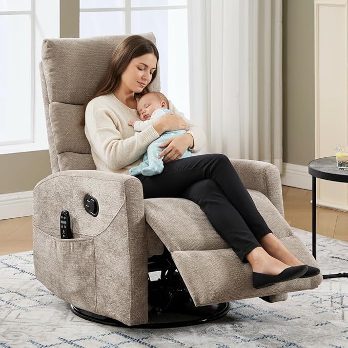 PELUMY 360° Swivel Rocker Recliner with Heat &amp Vibration Massage Glider Rocking Chair for Adults Compact Recliner for Living Room Small Spaces Nursery Bedroom (Chenille Khaki)