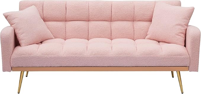 KEIKI 69 Folding Futon Sofa Couch w/Adjustable Backrest Mid Century Modern Loveseat Convertible to Sleeper Bed Small Comfy Teddy Cloud Couch SofaBed for Living Room &amp Bedroom 2 Pillows Pink