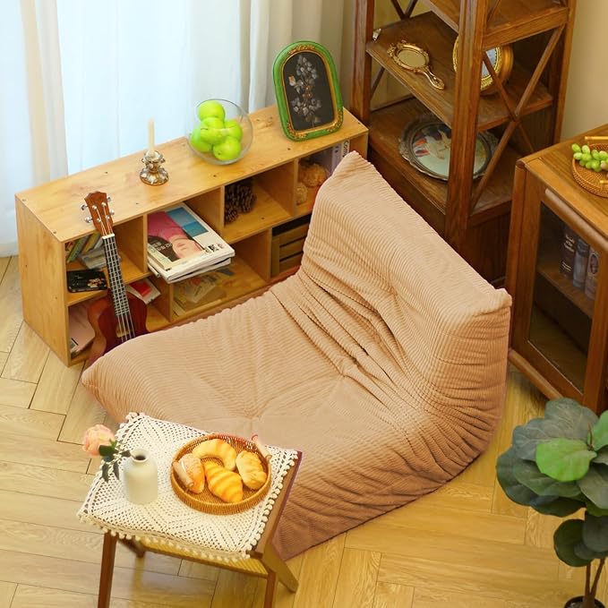 N&ampV Fireside Floor Sofa- Mid-Century Modern Armless Lounge Chair with Premium Soft Corduroy Fabric Plush Foam Cushion Accent Chair for Living Room Bedroom &amp Office (Khaki)