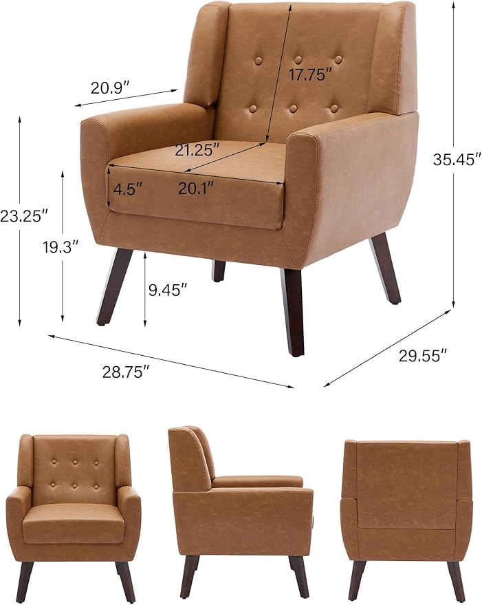 Accent Chair Mid-Century Modern PU Leather Chairs with Arms for Living Room Comfy Upholstered Club Single Sofa Armchair for Bedroom Waiting Room with Solid Wood Frame（Leather Brown Set of 1)