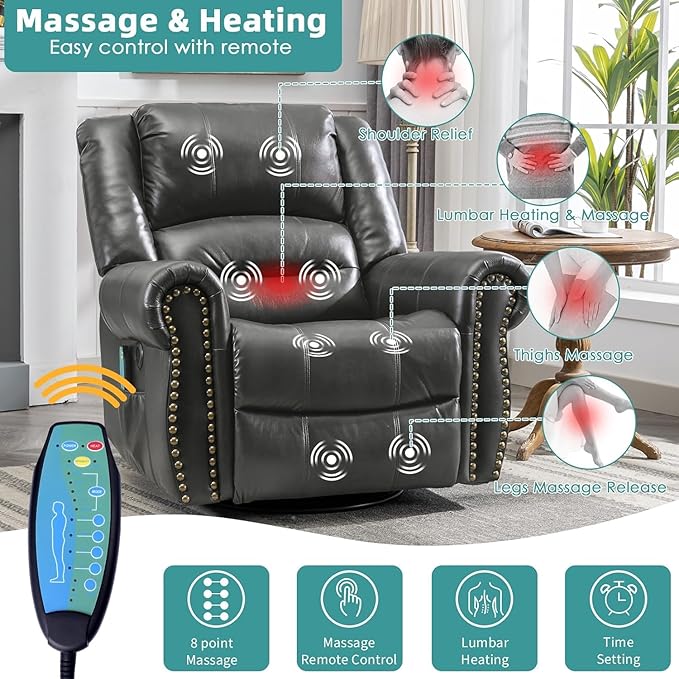 MEETWARM Oversized Massage Rocking Recliner Chair with Heat Manual Glider Swivel Rocker Recliner with High Back 360°Swivel Nursery Reclining Sofa with Remote Control/USB Port for Living Room(Gray)
