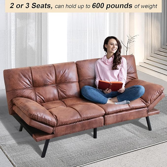 Opoiar Futon Couch Convertible Sofa Bed Memory Foam Faux Leather Brown 3 Seats