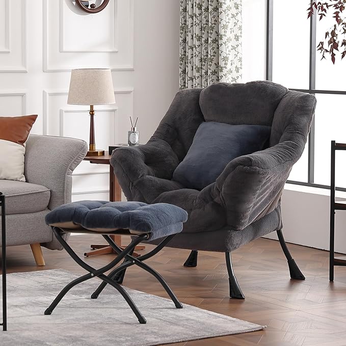 Lazy Chair with Ottoman Large Blue Gray Accent Chair with Ottoman and FA Throw Pillow Comfy Plush Reading Chair for Living Room Bedroom Dorm Room Office Apartment Relaxing Use