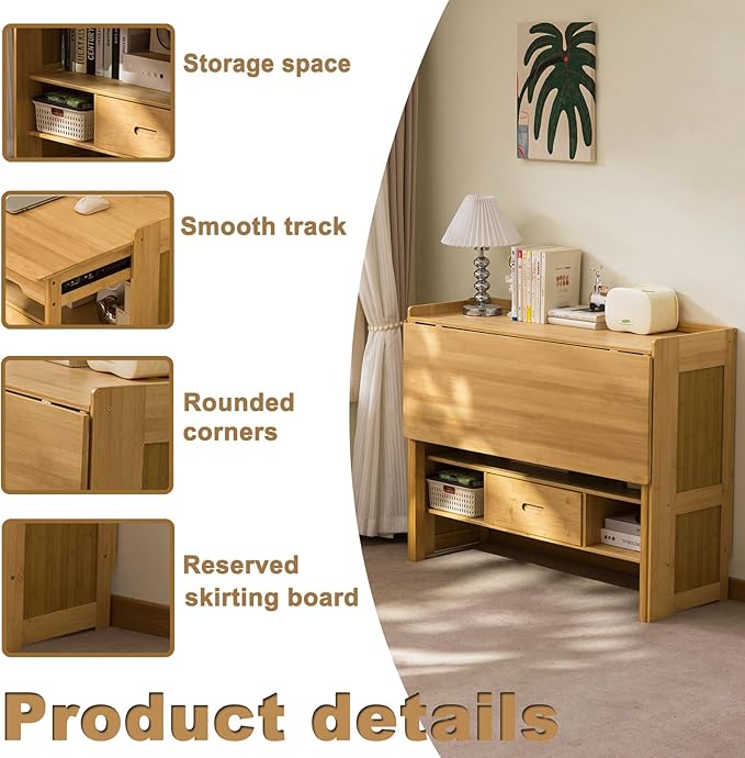 Bamboo Folding Desk with Bookshelf &amp Drawer Small Foldable Computer Table Wooden Space Saving Desks for Home Bedroom Study Office (Natural 30.3″x27″x30.3″)