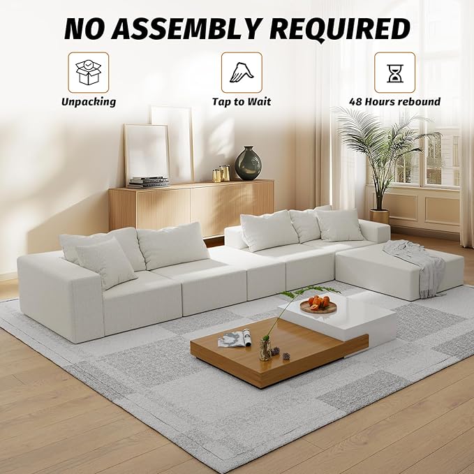 132'' Oversized Cloud Couch Sectional Modular Sectional Sofa with 6 Pillows Comfy Chenille L Shape Couch with 6 Deep Seat Convertible Sleeper Boneless Couches for Living Room No Assembly Beige