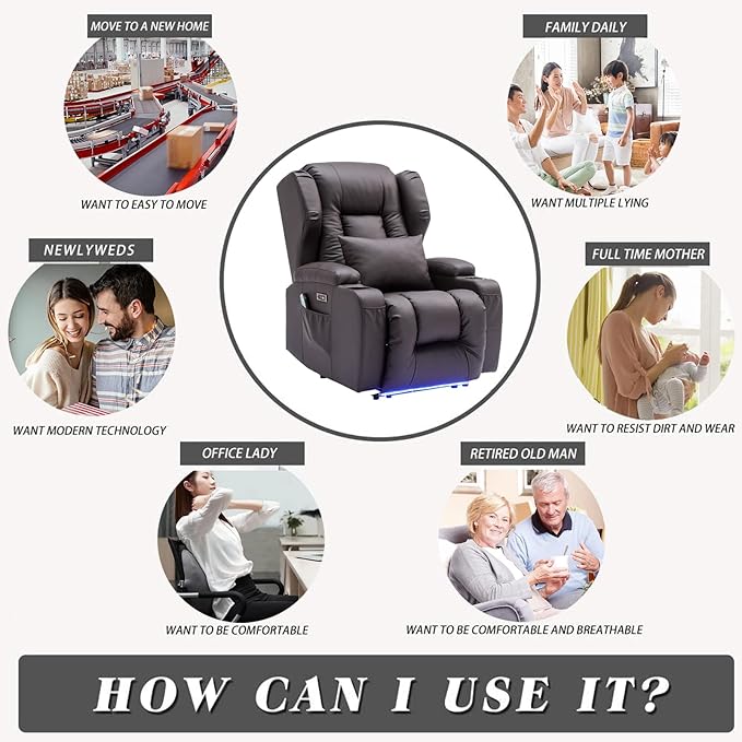 SAMERY Power Recliner Chair Electric Wall Hugger Recliners with Massage &amp Heat Comfy Reclining Sleeper Chair Movie Sofa Home Theater Seat with Cup Holders/USB Port/LED Light/Lumbar Pillow/Remote