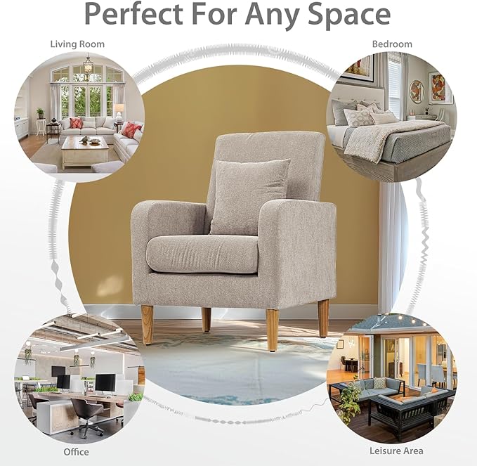 Upholstered Sofa Chair with Pillow Fabric Accent Armchair with Wooden Legs Comfy Lounge Chair for Living Room Bedroom or Office Supports up to 300 lbs (Beige)