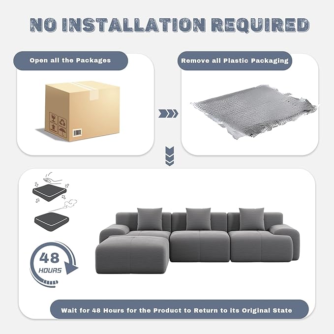 120 Cloud Modular Sectional CouchBoneless SofaL-Shape Upholstered Sofas with Deep SeatModern Cozy Corduroy Couches with Memory FoamNo Assembly Required for Living Room(Dark Grey)