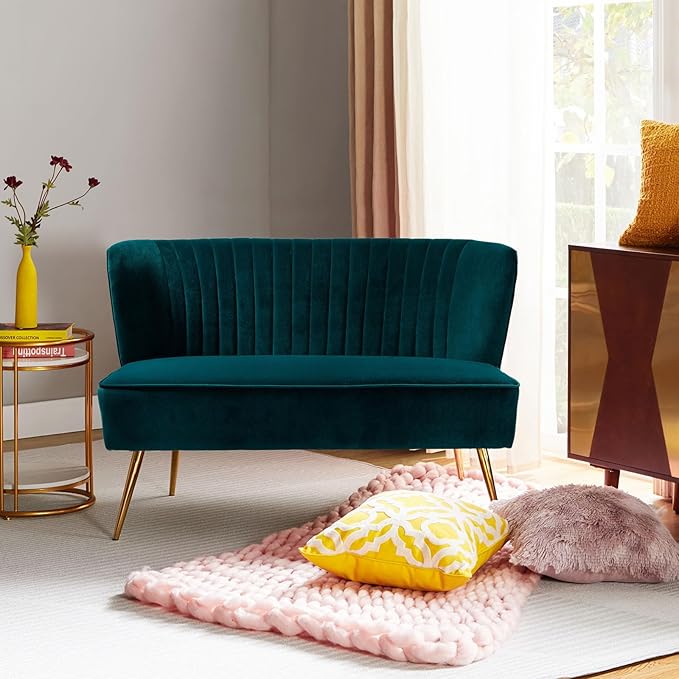 HULALA HOME Velvet Loveseat Sofa with Gold Legs Mid-Century Modern Upholstered Love seat Couch Tufted Small 2-Seat Sofa Armless for Living Room Bedroom Apartment Small Spaces Teal