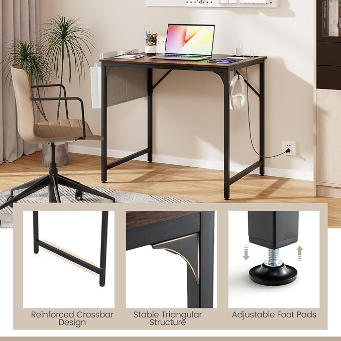 COSTWAY Home Office Desk 32 Inch Computer Desk with Recessed Power Strip Storage Bag &amp Headphone Hook Wide Desktop Modern Computer Workstation Writing Table for Home Office (Rustic Brown + Bl