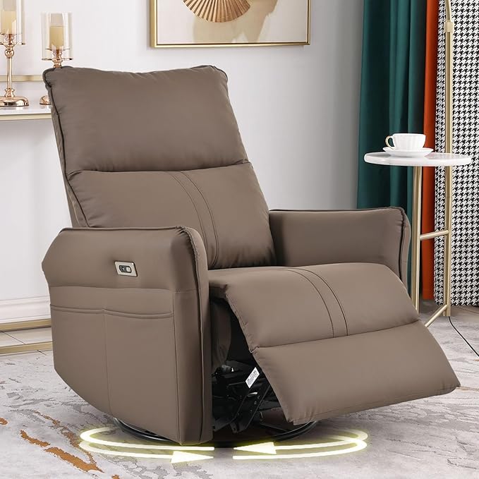 cinkehome Power Swivel Rocker Recliner with USB Overstuffed Electric Reclining Chair Faux Leather Rocker Recliner for Nursery Living Room Brown