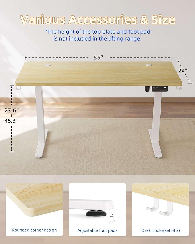 YIHAYO Electric Standing Desk 55 x 24 Inches Stand Up Desk with Splice Board Adjustable Height Desk Computer Desk for Home Office White Frame/Natural Top