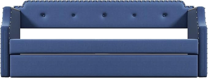 Flieks Twin Upholstered Daybed Linen Fabric Upholstered Tufted Sofa Bed with Trundle Sofa Bed Trundle Daybed with Wood Frame (Blue)