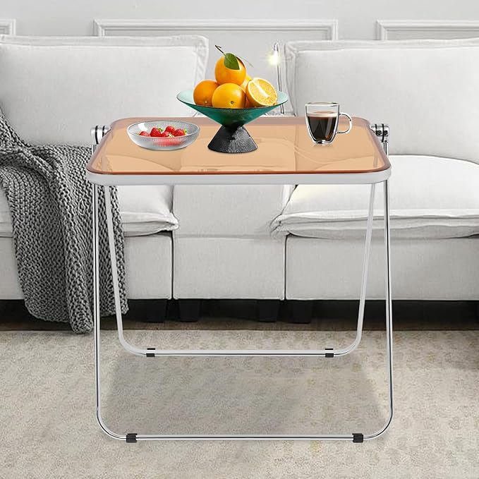 Folding TV Tray Table Acrylic Foldable Desk No Assembly Required Mini Folding Desk for Home Office Living Room Bed Room Outdoor (Silver + Clear + Tan)