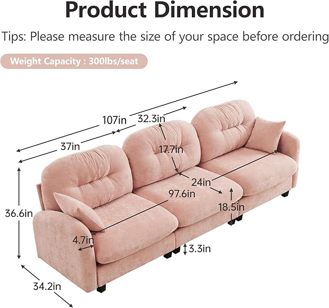 74 3-Seater Modular Sectional Sofa Cloud Couch with Deep Seat Chenille Sofa for Living Room Office (Pink)