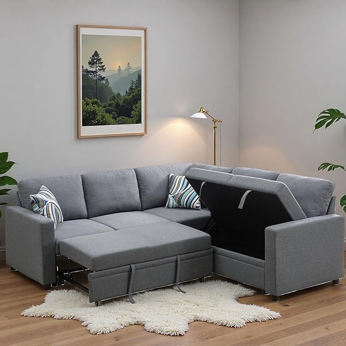 Sleeper Sofa Couch with Pull Out Bed L Shaped Couch Bed with Storage Sectional Sleep Couches Convertible Sleeper Sofa Beds W/Reversible Chaise&ampBack Cushion for Living Room Grey