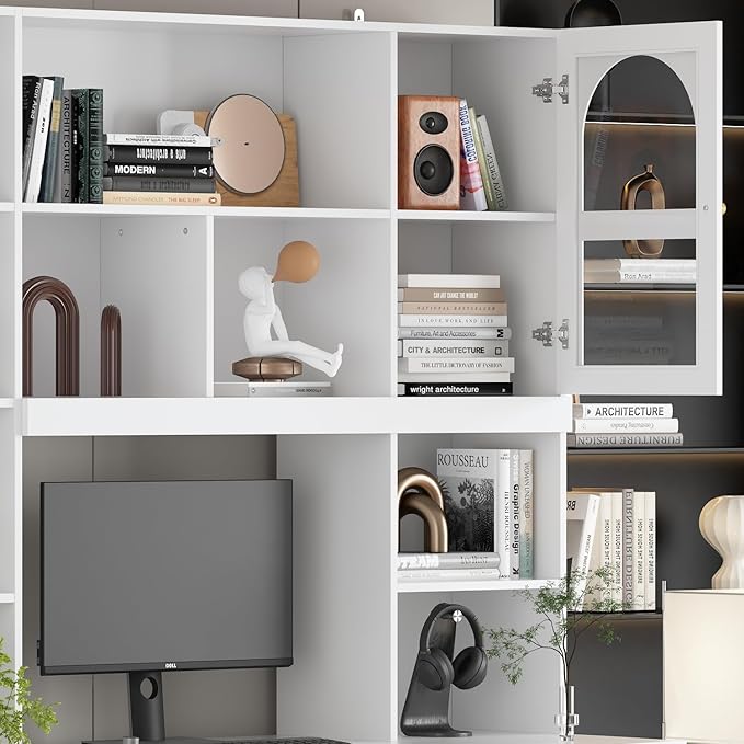 ECACAD Large Computer Desk with 79.1 Tall Bookshelf 62.4 L Corner Computer Desk with Glass Doors and Carved Arched Patterns Home Office Desk with 3 Drawers &amp 12 Shelves White