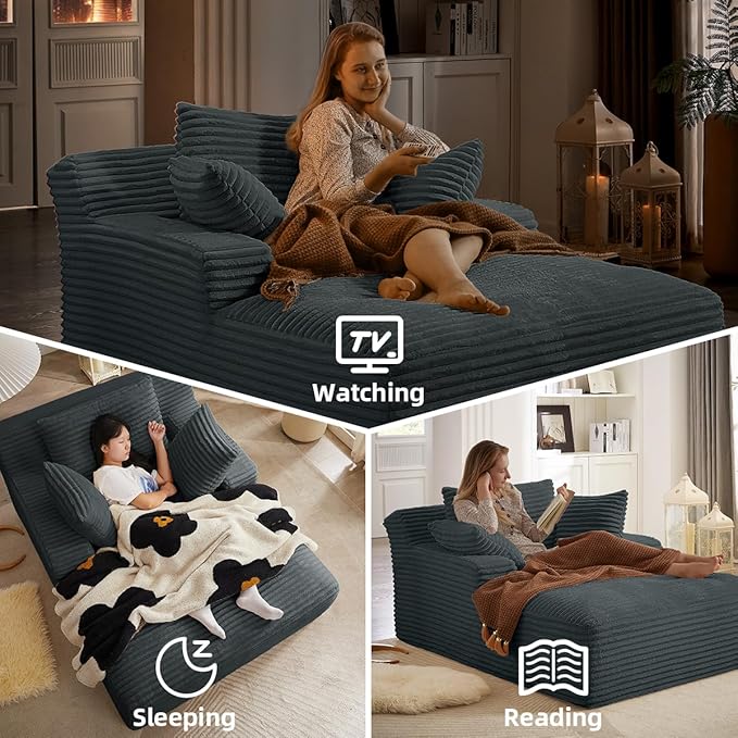 Oversized Chaise Lounge Chair Indoor Bedroom Single Deep Seat Comfy Corduroy Upholstered Sofa Bed No Assembly Required Sleeper Chair Sofa for Living Room (Grey)