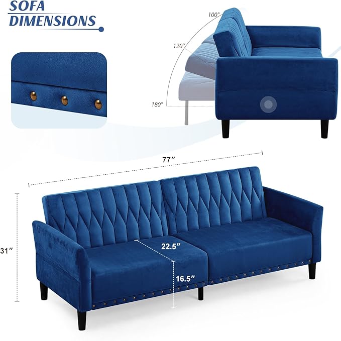 77” Velvet Sofa Bed with Adjustable Armrests and BackrestsTufted Convertible Futon Couch with Nailhead Trim Loveseat Modern Velvet Sleeper Sofa for Living RoomBedroomOfficeBlue