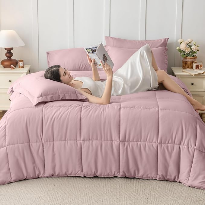JOLLYVOGUE Queen Comforter Set Ultra-Soft Bed in a Bag Queen Size 7 Pieces Oeko-TEX Certified Bedding Set with Down Alternative Comforter Sheets Pillowcases &amp Shams Camio Pink