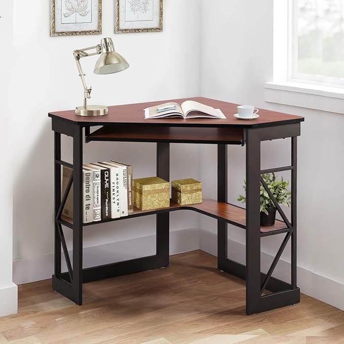 VECELO Corner Computer Desk 41 x 30 inches with Smooth Keyboard &amp Storage Shelves for Home Office Workstation Teakwood Brown