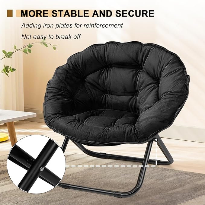 Grezone Folding Saucer Chair Oversized Lazy Moon Chair with Metal Frame Comfy Bedroom Chairs for Bedroom Living Room Study Black JC