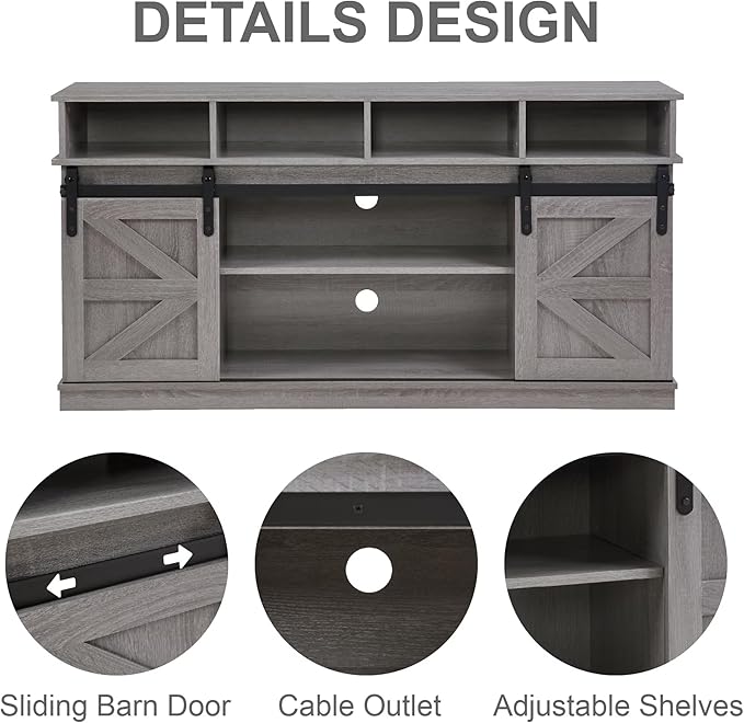 TV Stand for Living Room - Entertainment Center with Storage - Fits 65 Inch TV - Traditional American Country Style TV Cabinet - Media Console - Barn Door TV StandGrey.