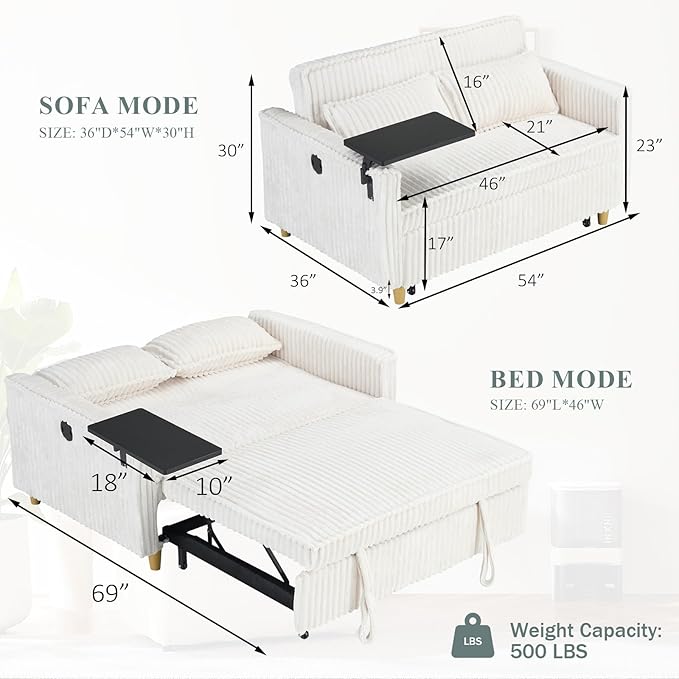 54W Convertible Sleeper Sofa Bed3-In-1 Corduroy Pull Out Couch BedFuton Loveseat Sleeper Couch with Adjustable Backrest &amp USB Ports &amp Side TableRecliner for Office/Living Room/Small Space(