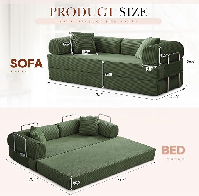 Antetek Modular Couch Bed Convertible Folding Plush Corduroy Comfy Floor Compression Loveseat Sleeper Sofa Couch King Size Bed for Guest Room Living Room Bedroom No Assembly Required Leaf Green