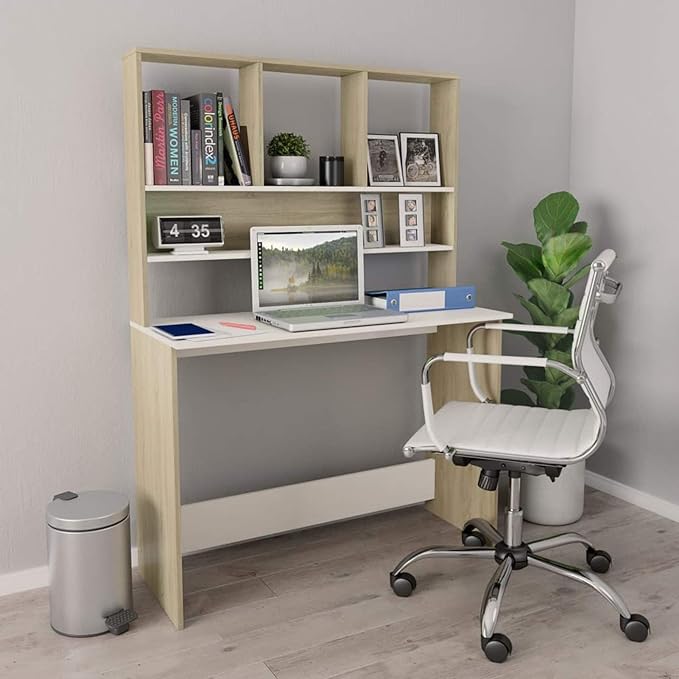 qiangxing Desk with Shelves Desk with Storage Computer Desk with Storage Bookshelf Desk Work Desk for Home Office Desk and Bookshelf Set White and Sonoma Oak 43.3x17.7x61.8 Engineered Wood
