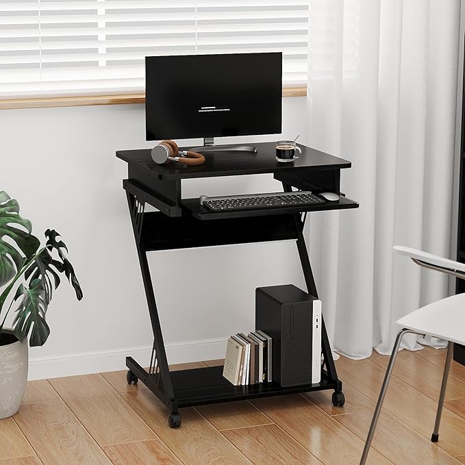 ALISENED 2 Tier Computer Desk with Keyboard Tray 23.6 Home Office Desk Computer Workstation Rolling Study PC Laptop Table for Small SpacesZ-Shaped Small Compact Study Table