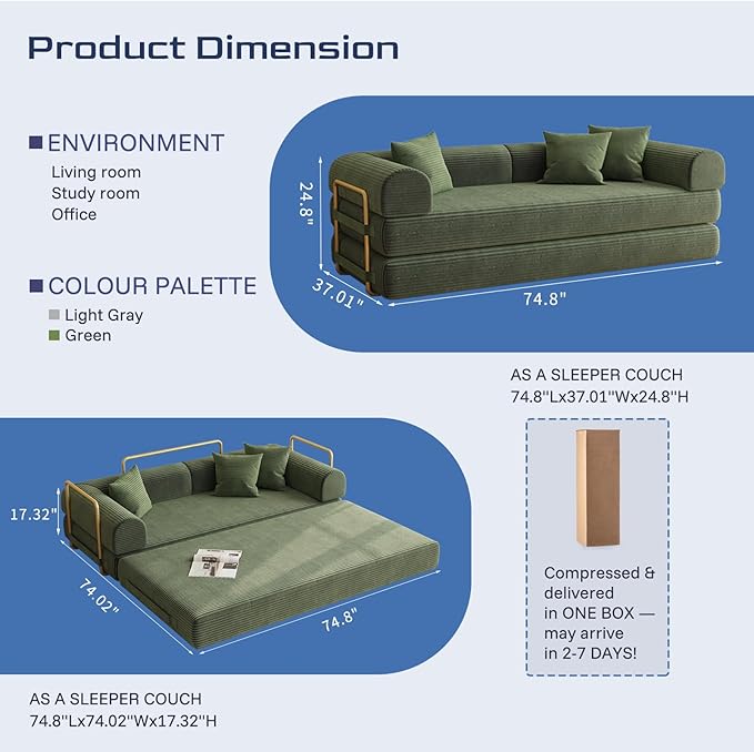 Compression Sofa 75 inch Convertible Floor Sofa Bed 2-in-1 Foldable Frameless Sofa Memory Foam Mattress Corduroy Fabric Pulls Out Couch Suitable for Living Rooms 、Apartments Green (2 Pillows)
