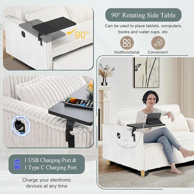 54W Convertible Sleeper Sofa Bed3-In-1 Corduroy Pull Out Couch BedFuton Loveseat Sleeper Couch with Adjustable Backrest &amp USB Ports &amp Side TableRecliner for Office/Living Room/Small Space(
