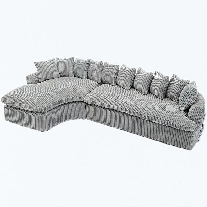 127 Modular Sectional Corduroy Sofa L Shaped Cloud Couch with 10 Pillows Comfy Curved Sofa with 7 Iron Frames Modern Left Chaise Lounge Couches for Living Room Bedroom Apatment Gray