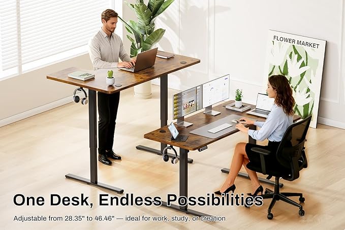 Standing Desk L Shaped Electric Height Adjustable Desk 55 x 33.5 Inches Sit Stand up Desk Computer Home Office Desk Memory Preset with Two-Piece Fir Wood Desktop (Vintage Brown)