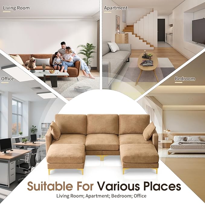 VINGLI 100 W U Shaped Couch with Ottoman 22 Deep Seat Comfortable Sectional Couches for Living Room 3 Seater Chenille Fabric Cloud Sofa for Apartment Small Spaces Bedroom Khaki