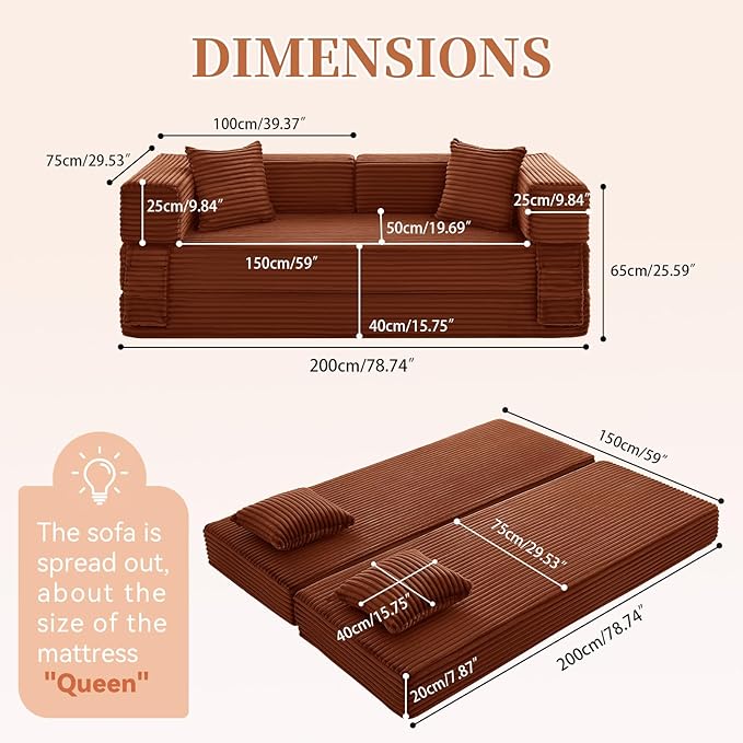 KBQ 3-Seat Convertible Sleeper Sofa Bed with 3 Pillows Boneless Sofa in a Box Corduroy Folding Mattress Couch Floor Sofa Lounge Couch for Living Room Bedroom Lounge Orange