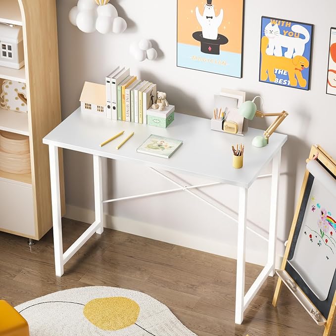 Sweetcrispy Computer Small Desk 32 Inch Office Writing Work Study Student Home Bedroom Table with Metal Frame Wooden Tabletop No Wheels - White Wood