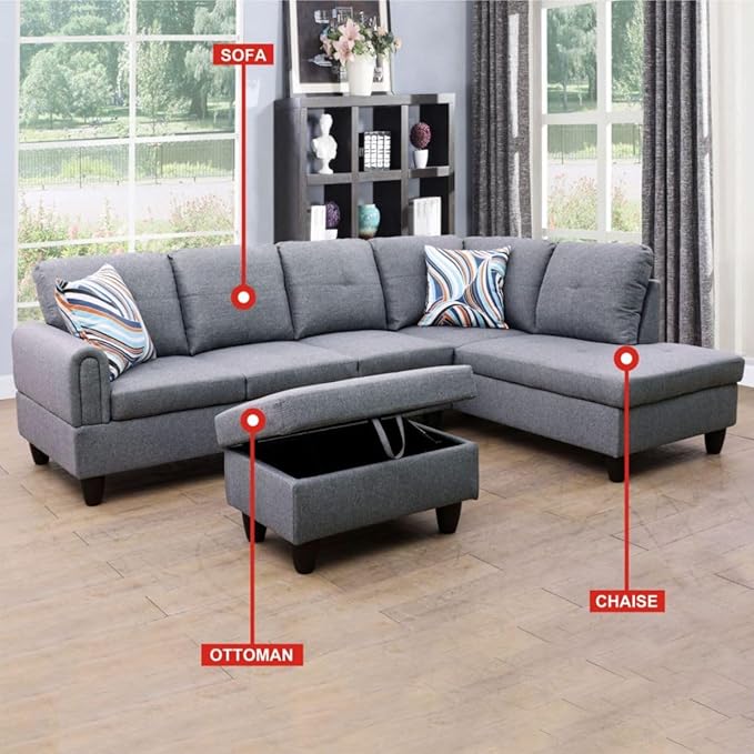 Grey-1 L-Shaped 3-Piece Linen Sofa with Storage Ottoman Set Sectional Couch Sofa Set for Living Room Office Small Space