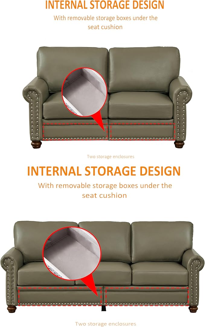 Faux Leather Sofa Set of 2: Love Seat +3 Seat Couch Underseat Storage Classic Sofa Elegance Rolled Armrests Nailhead Trim Wood Legs Classic Living Room Accent 2+3 Seat-Grey