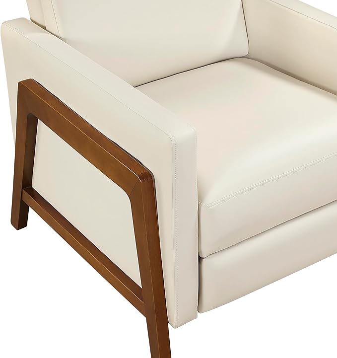 Lexicon Push Back Recliner Chair Faux Leather Upholstered Reclining Chair with Footrest Exposed Dark Brown Finish Wood Frame Small Recliner for Small Space Living Room Bedroom Light Beige
