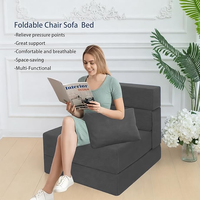 Sofa Bed Foldable Mattress Folding Sleeper Sofa Chair Bed Floor Mattress with Pillow for Living Room Home Office (Dark Gray -Corduroy Single)