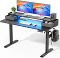 Electric Standing Desk with Drawers 55 Inch Height Adjustable Desk with Power Outlets &amp LED Lights Sit Stand Table with Monitor Stand for Home Office Black
