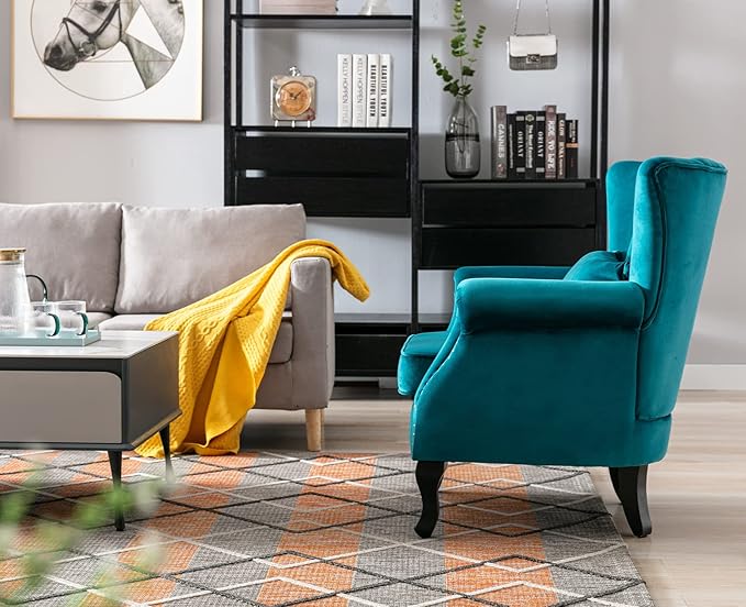 Kmax Teal Blue Accent Chair Velvet Wingback Chair with Pillow Nail-Head Channel Tufted Oversized Club Chair for Living Room Bedroom Guest Room