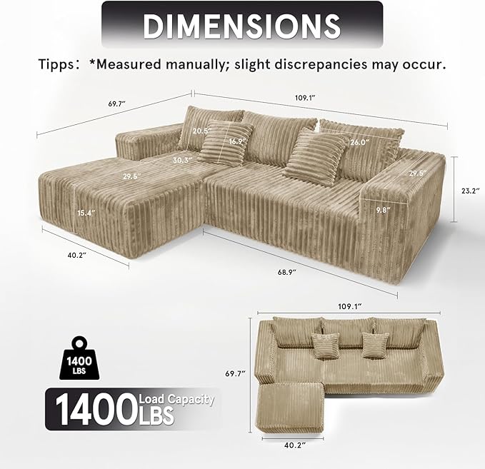 Sytopia 109 L-Shaped Cloud Couch Boneless Modular Sectional Sofa with Deep Seat for Living Room Bedroom Modern Couch Corduroy Comfy Sleeper Futon Sofa Bed 40D Foam Left Facing