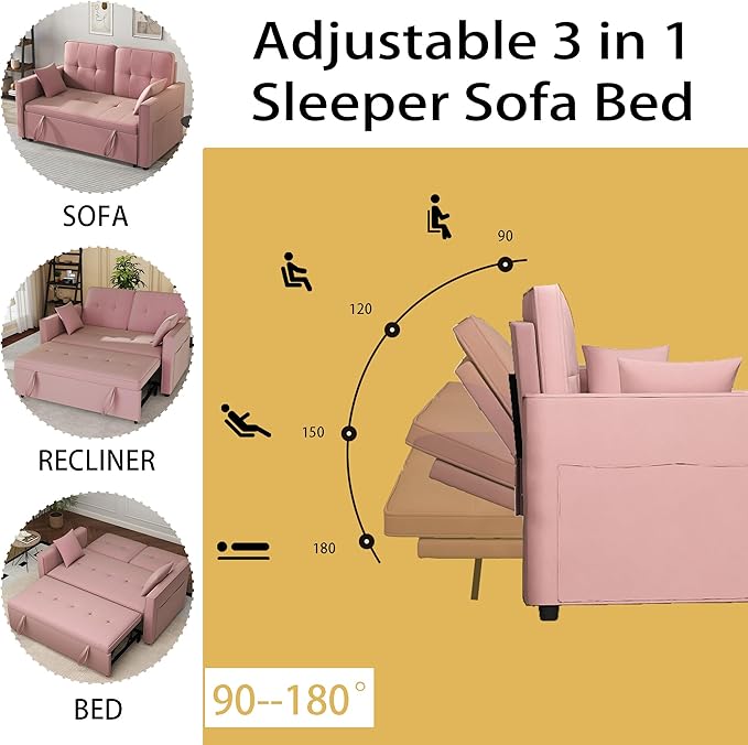 Pink Convertible Sofa Bed: 3 in 1 Sleeper Sofa Couch Bed Pull Out Couch with Adjustable Backrest Velvet Convertible Loveseat Sleeper for Living Room for Living Room(Pink)