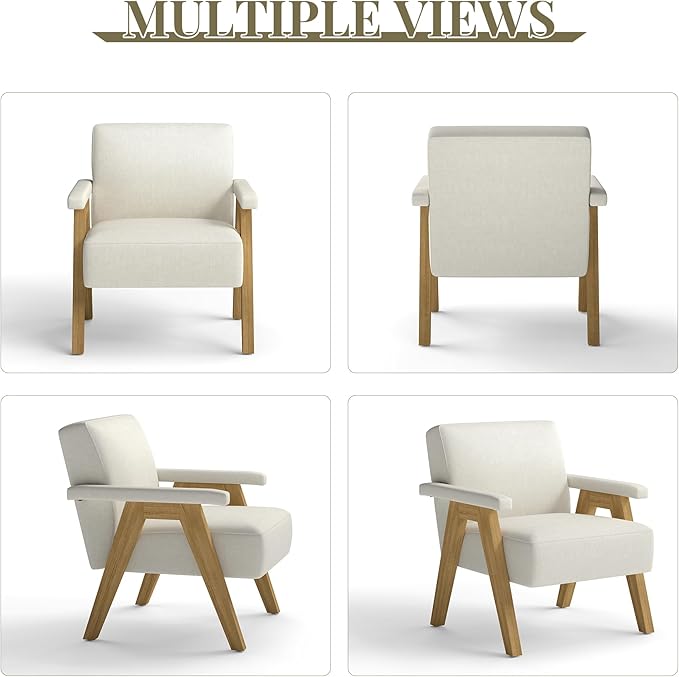 Mid-Century Accent Chair Linen Fabric Upholstered Lounge Armchair with Solid Wood Frame Modern Reading Chair for Living Room Bedroom Apartment – Ivory White