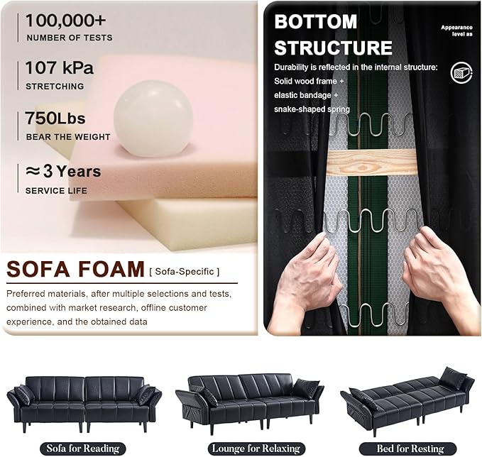 83 Mid Century Modern Futon Sofa Bed 3 Seater Faux Leather Couch with Adjustable Backrest Comfy Upholstered Sleeper Sofa for Living Room Apartment Home Office (Black)