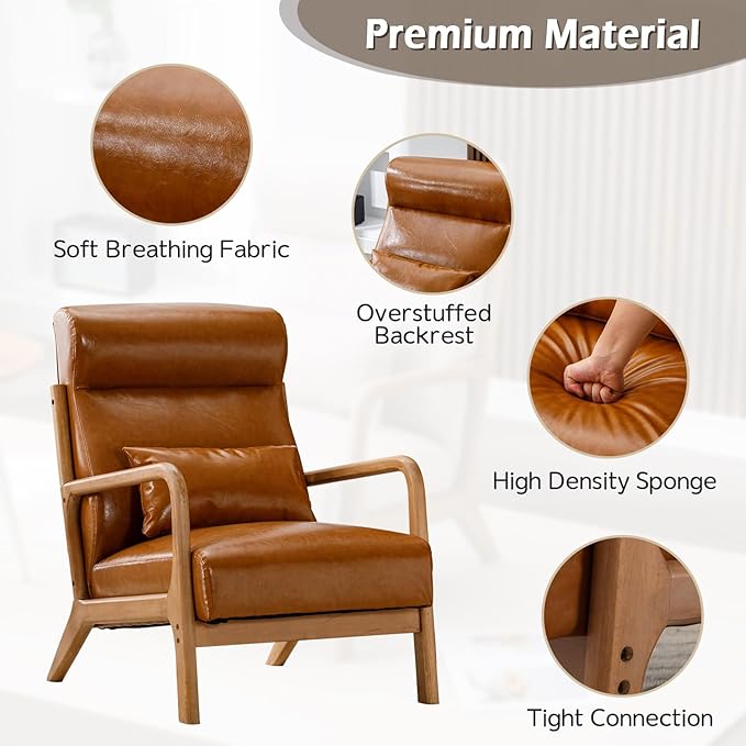 INZOY Mid Century Modern Accent Chair with High Back PU Leather Reading Armchair with Waist Cushion Upholstered Wood Frame Living Room Chairs for Bedroom Sunroom Camel